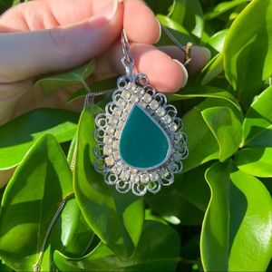 Vintage Silver & Green Teardrop Pendant Necklace w/ Gems